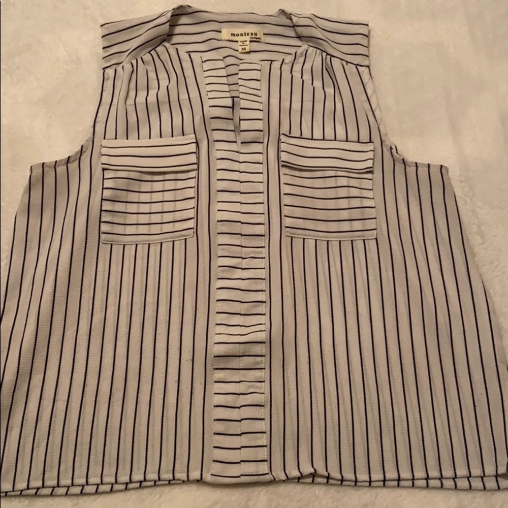 Navy Blue and White Striped Blouse Size M